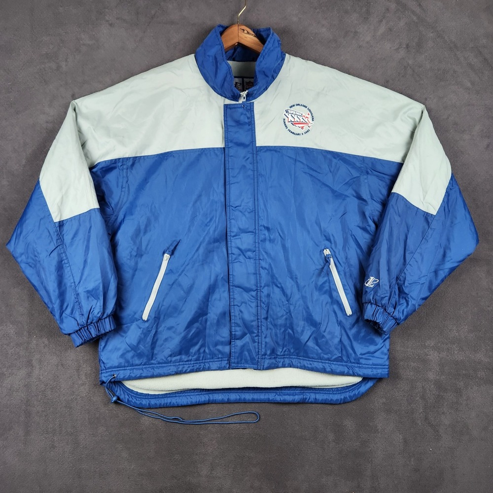Vintage Super Bowl XXXVI Logo Athletic Jacket Mens Large‎ Blue Gray Fleece Lined